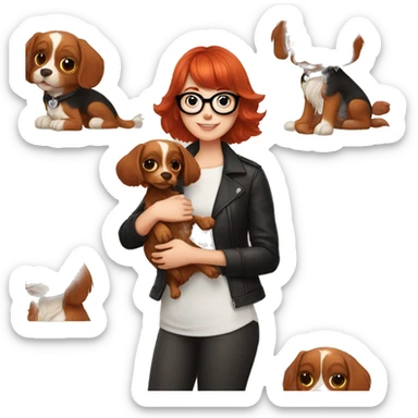 red-haired girl with bangs and short hair and black glasses leather holding a Cavalier puppy sticker