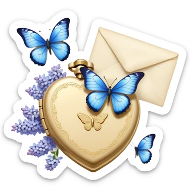 A golden locket, resting beside an ivory envelope sealed with a pearl wax stamp, is surrounded by delicate blue butterflies and cascading white lilacs. A vintage perfume bottle with intricate floral engravings sits nearby, its fragrance lingering in the air. sticker