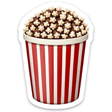 Chocolate popcorn in a paper jar with red and white vertical lineso sticker