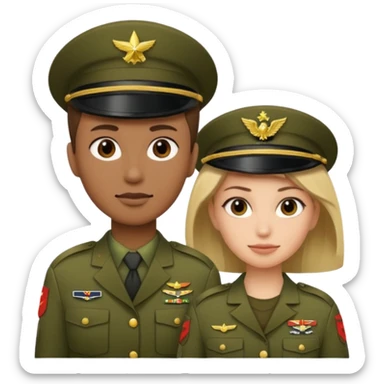 one emoji (female) wearing Army combat uniform and a second emoji (male) wearing the army green service uniform sticker
