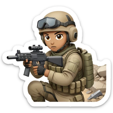 A skilled airsoft player in tactical gear, aiming a gun and shooting metal BBs in a desolate, ruined landscape. The setting is filled with broken walls and debris, creating a tense atmosphere of strategy and precision in a high-stakes tactical environment sticker