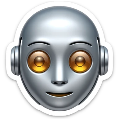A cute futuristic robot emoji made of silver chrome, rounded friendly body, minimal facial features, glossy metallic surface, soft reflections, iOS emoji style, centered, clean white background sticker