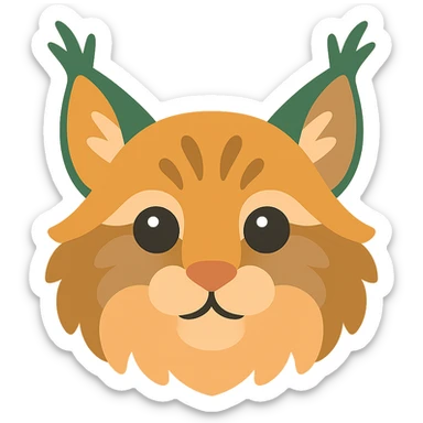 A cute and soft lynx face with big, expressive eyes, designed in a warm and magical color palette: golden orange (FA9B41), forest green (4A7C5C), muted taupe brown (96775A), and pastel peach (FFCC9A). The lynx’s fur is fluffy and soft, with a mix of warm browns and golden highlights. Its ears are tipped with tufts of fur in greenish tones, and its cheeks are gently rounded with subtle peach accents. The eyes are bright and curious, surrounded by soft fur in the warm color palette. The overall look is adorable, serene, and enchanting, evoking a gentle, woodland atmosphere. sticker
