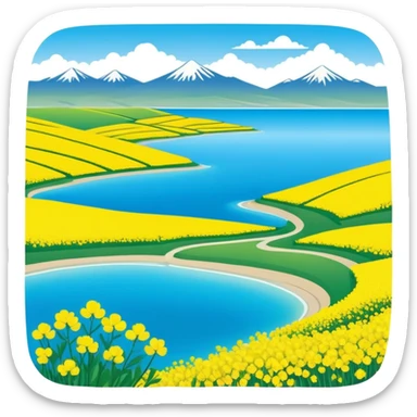 Qinghai Lake spring scenery with rapeseed flowers and blue water, simplified emoji style with bold outlines and bright colors, cartoon style vast lake with mountains sticker