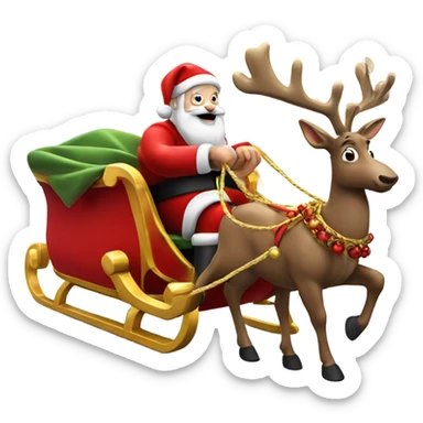 Santa Claus riding his red and gold sleigh which is being pulled by a reindeer with a red nose sticker