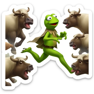 Kermit the Frog chased by a herd of buffalo sticker