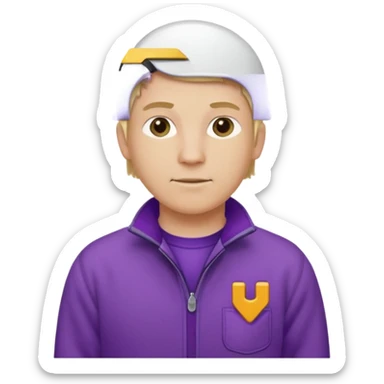 Crea un emoji de un electricista, hombre rubio con pelo corto hacia al lado, sin gafas, con forro polar morada y nombre empresa INDYDES sticker
