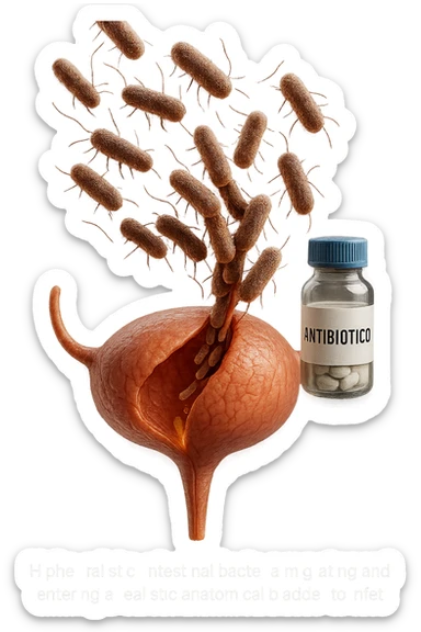 batteri intestinali che migrano ed entrano in una vescica anatomica realistica per infettarla, davanti a lei fluttua una boccetta con la scritta "ANTIBIOTICO", iperrealistico 4k sticker