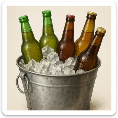 a realistic illustration of a bucket with assorted beers and ice, condensation on the bottles sticker