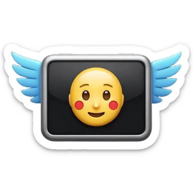3D emoji of a rectangular video screen with a play icon in the center and small wings on both sides, in Apple Memoji style. Soft studio lighting, glossy finish, black background, minimalistic and centered composition sticker