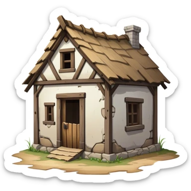 a dilapidated one-story medieval shack. The building has no windows. sticker