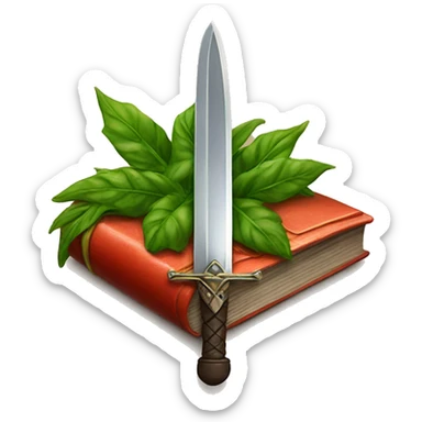 Book cover with sword, greenery, and a spicy pepper on it sticker