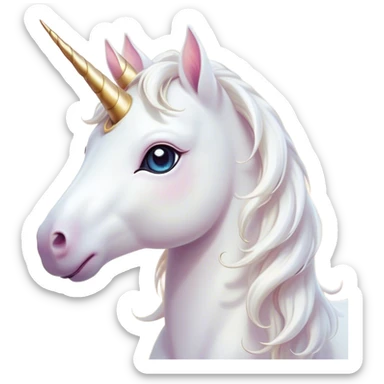 Cinematic Cute White Unicorn Portrait Emoji, Head tilted playfully and inquisitively, featuring a charming, petite form with a silky white color, a delicately flowing mane and tail, and a tiny, sparkling horn, with large, dreamy eyes full of wonder, Simplified yet irresistibly adorable features, highly detailed, glowing with a warm, enchanting glow, high shine, affectionate and lively, stylized with a touch of fairy-tale whimsy, soft glowing outline, capturing the essence of a mischievous yet endearing white unicorn that seems as if it could gallop out of the screen into your heart! sticker