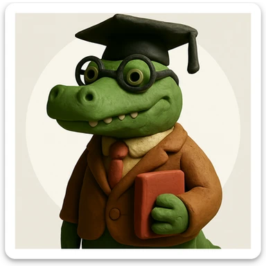 Add a solid white circle background behind the claymation style alligator professor, keeping the original style and lighting. sticker