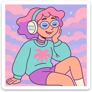 vaporwave chill girl, pastel colors, retro 80s aesthetic, relaxed pose, dreamy background sticker