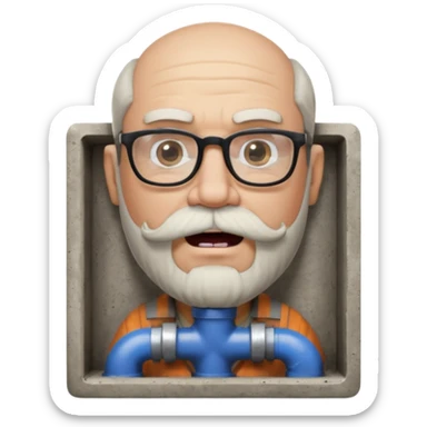 50 year old bearded and moustached white male wearing glasses with an open mouth. His mouth has been cast into a square frame made of concrete connected to a drain pipe. He is proud and thinks his right, while being slightly angry because the joke is on him. sticker