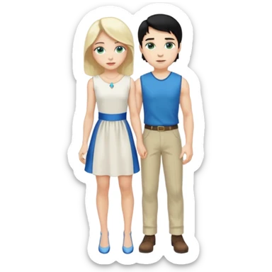 prince, standing upright, black Hair, blue eyes, garment,  woman, bending knee, white sleveless dress, blonde hair, green eyes, sticker