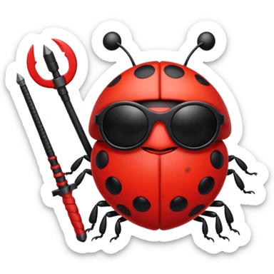 an evil ladybug with dark sunglasses and a weapon sticker