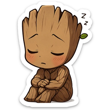 anime style Groot character, cute and shy, sleeping sticker