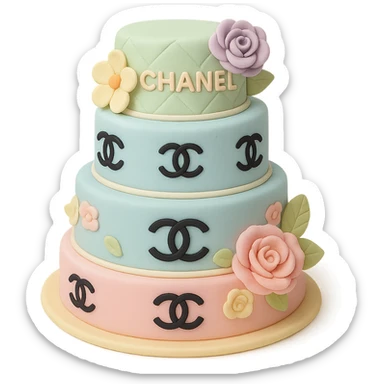 tiered Chanel cake in pastel colors with logo patterns and delicate fondant flowers, fondant cake art style sticker