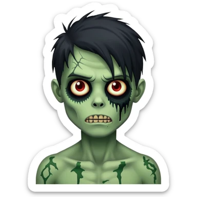 brunette zombie boy with horror green skin and long black messy hair sticker