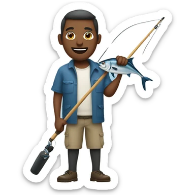 husband holding blue fishing rod and tuna sticker