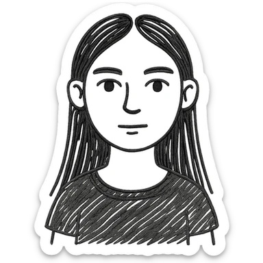 white girl, black long straight hair, brown eyes, dark eyebrows, small lips, black t-shirt sticker