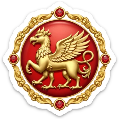 Golden griffin crest / brosch in a circle with red gems and no background sticker