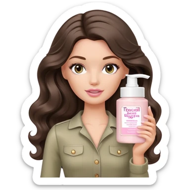 A white Barbie girl with long dark brown wavy hair in pale olive clothes holds Pale pink body moisturizer cream pot  sticker