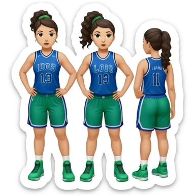 full body plus size light skin latino women basketball player with wavy dark hair in pony tail wide nose wearing blue green  uniform sticker