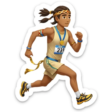tribal shaman picking running a marathon with gold medal sticker