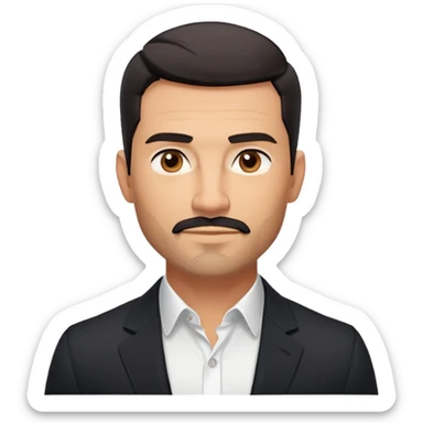 Handsome athletic man in his mid-40s with tan skin, short black hair with clear fade cut, 5 o'clock shadow facial hair, strong square masculine face, warm approachable expression, black blazer worn open, white buttoned shirt with collar unbuttoned, explicitly no tie sticker