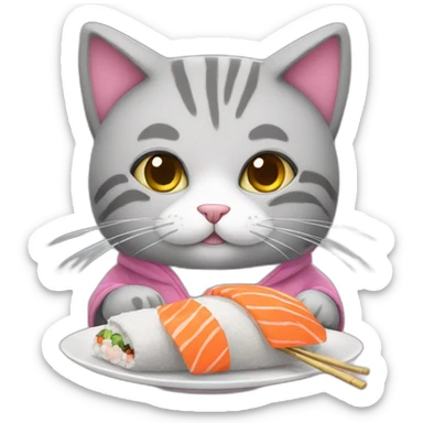 Cute gray stuffed cat eating sushi. This cat has a pink hoodie sticker