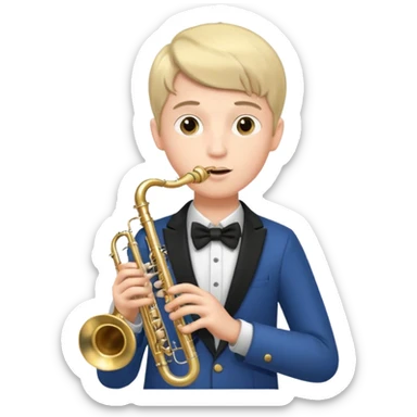 Boy with 4 arms holding a trumpet in one hand and a saxophone in the other sticker