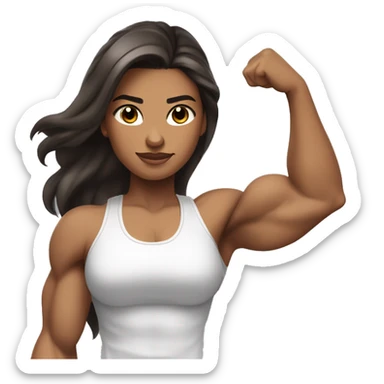Strong muscle girl brown hair flexing one arm white top; black long hair (with a bit silver highlight & balayage towards the lower end); skin isn’t too tan sticker