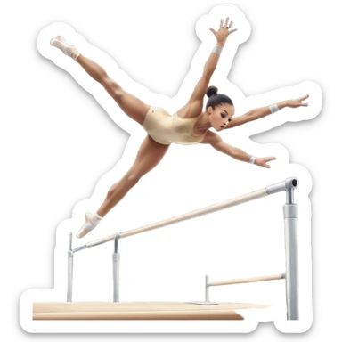 Professional gymnast performing a dynamic routine on parallel bars, captured mid-air in an elegant flip. The background features a well-lit gymnastics arena with a cheering audience. The athlete's posture and expression convey strength, control, and perfect coordination. sticker