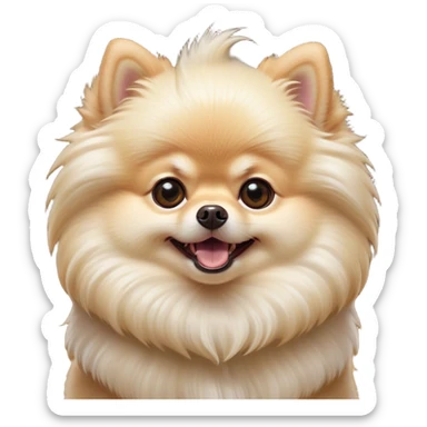 Cinematic Comical Cream Pomeranian Portrait Emoji, Head tilted dramatically with an exaggeratedly shocked or amused expression, featuring a glossy, fluffy cream Fur with a radiant sheen, wide, expressive dark eyes filled with playful disbelief, Simplified yet hilariously expressive features, highly detailed, glowing with a slightly sassy glow, high shine, dramatic yet playful, stylized with an air of cheeky mischief, bright and endearing, soft glowing outline, capturing the essence of a spirited and over-the-top companion, so meme-worthy it feels like it could side-eye its way into internet fame instantly! sticker