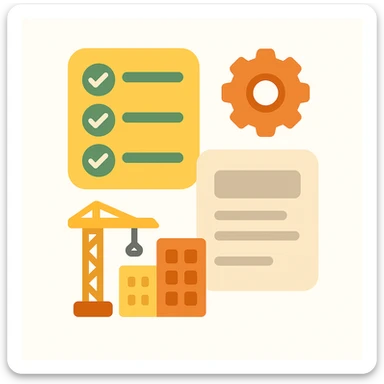 Flat emoji-style illustration of a software registry for a construction company. Includes a checklist/database icon, small gear/settings symbol, building/crane for construction theme, and a simplified UI card with lines for descriptions. Rounded shapes, soft shadows, friendly color palette. Clear, professional, and approachable sticker