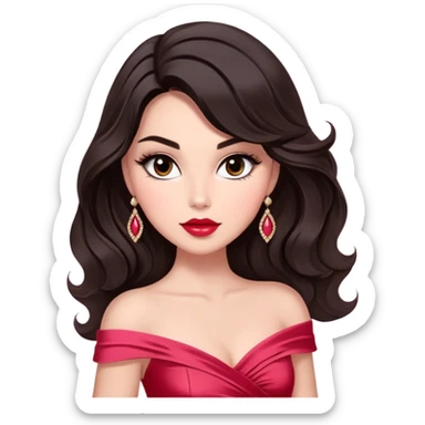 A woman with slightly darker almond-toned skin, voluminous dark hair in waves, expressive eyes with soft lashes and shimmer, full lips with a glossy nude-pink color, wearing a red dress and a white crossbody sash with “Miss San Juan” in black letters, exuding elegance and confidence. sticker
