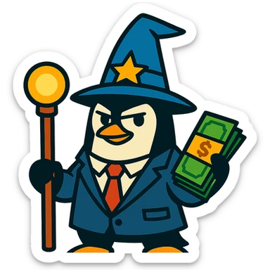 penguin wizard in a suit and tie, holding a magic staff and a stack of money, clever ambitious look, vibrant toon style sticker