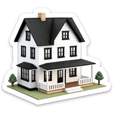 modern farmhouse dollhouse, white with black trim and wooden accents, 3d isometric  sticker