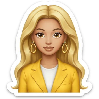 Beyonce with long blonde hair, yellow outfit and earring sticker