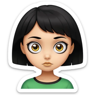 Buttercup, cartoon girl with short black hair and big eyes, inspired by Powerpuff Girls, scary intimidating face, vibrant cartoon style sticker