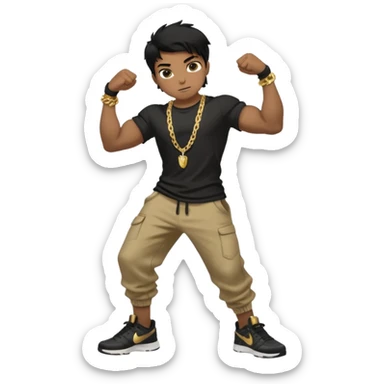 full side body view of muscular 13yo boy with veiny hands arms and biceps. has messy black hair with dark-tan skintone with black tshirt. has gold chain and nike shoes with baggy pants sticker