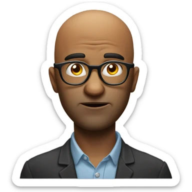 Puzzled look on face of bald guy with glasses and with index finger touching his cheek sticker