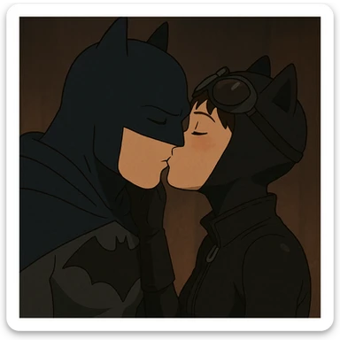 Batman and Catwoman kissing, Ghibli style, softness and emotion, dim lighting, costumes inspired by the characters sticker
