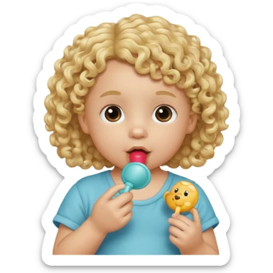 Close-up, curly blonde-haired toddler, pacifier sticker