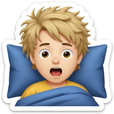 emoji- of a cute boy waking up in bed. He is yawning or rubbing his eyes.  sticker