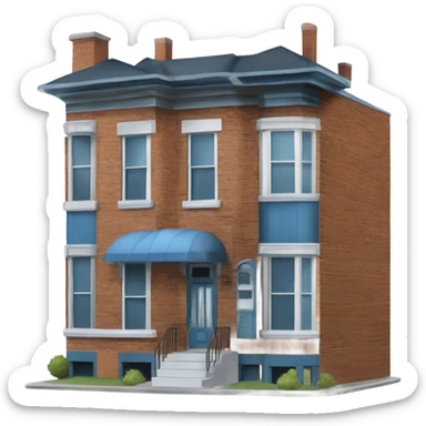 Two story brick row-house with blue tin-clad bay window protruding from the front left and no porch, no front steps sticker