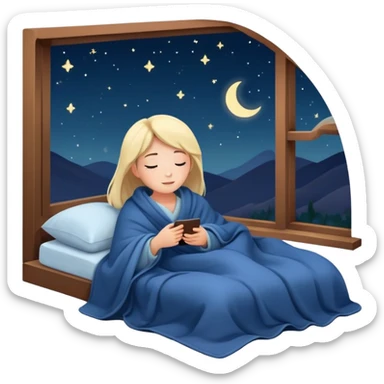 person going to bed on time, cozy blanket, night sky outside window, peaceful and friendly sticker